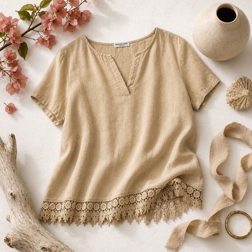 Made In Italy Linen Cotton Lagenlook Tunic Top Crochet Hem Beige Boho Large